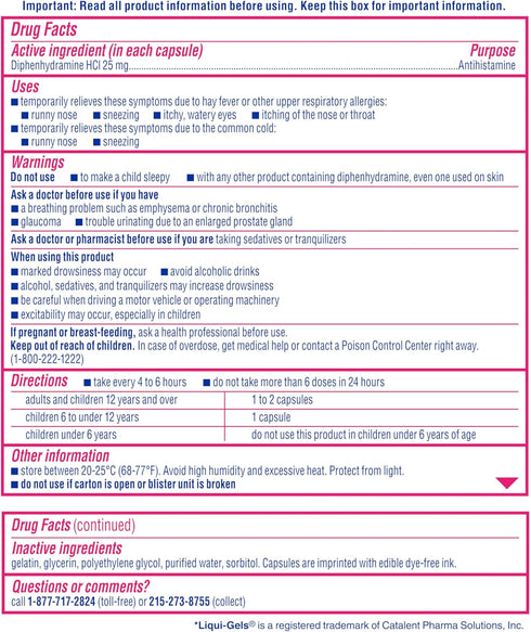 Benadryl Liqui-Gels Allergy Medicine, Dye-Free Liquid Gel Capsules with 25 mg of Diphenhydramine HCl Antihistamine for Relief of Allergy & Cold Sy...