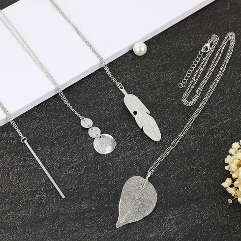 Long Necklaces for Women,4 PCS Fashion Pendant Necklace Jewelry Long Silver Necklaces Set Bar Feather Necklace Circle Leaf Lock Tassel Y Necklace ...