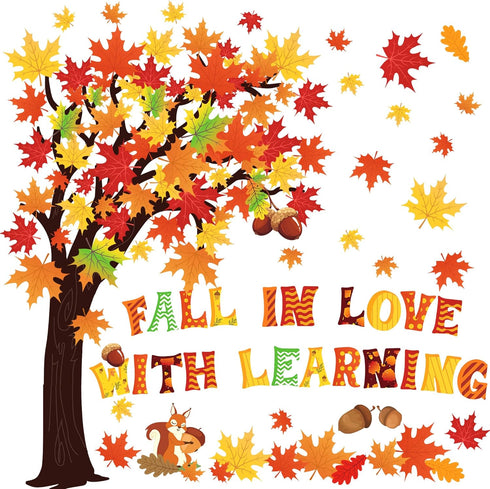 123 PCS Fall Classroom Tree Decorations Maple Leaves Bulletin Board Cutouts Fall in Love with Learning Decors Autumn Party Supplies with Glue Poin...