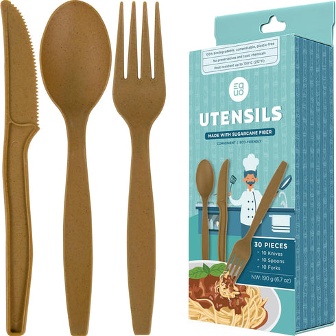 EQUO Sugarcane Disposable Utensil Set (Pack of 30 Forks, Spoons, Knives - 10 each) - Plastic-free, Home-compostable, Heat-safe utensils for Partie...