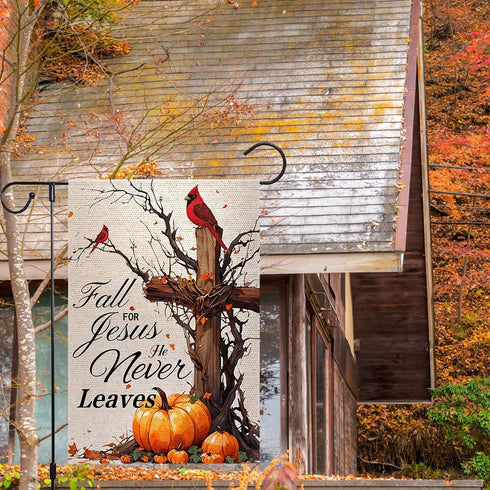 Fall For Jesus He Never Leaves Garden Flag 12x18 Inch Double Sided Outside, Autumn Thanksgiving Cardinal Pumpkin Cross Yard Outdoor Flag...
