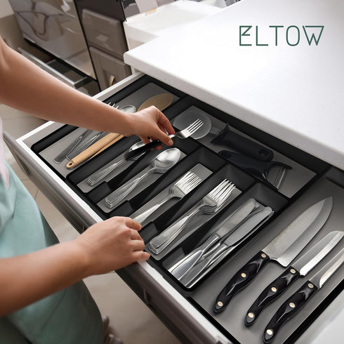 ELTOW Large Expandable Silverware Drawer Organizer, 8 Compartment Non-Slip & Adjustable Silverware Organizer for Drawer, Kitchen Organization for ...