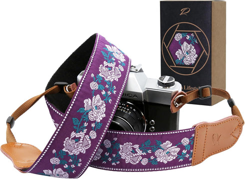 Padwa Lifestyle Purple Flowers Embroidered Camera Strap - Double Layer Cowhide Ends,2" Cotton Vintage Camera Straps, Adjustable Neck & Shoulder St...