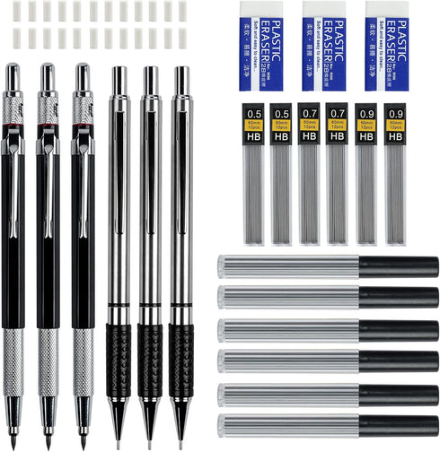 AUAUY 6PCS Metal Mechanical Pencil Set, 3PCS Drafting Pencils 0.5 mm & 0.7 mm & 0.9 mm & 3 PCS 2mm Art Pencil with 12 Tubes Lead Refills & 3 Erase...