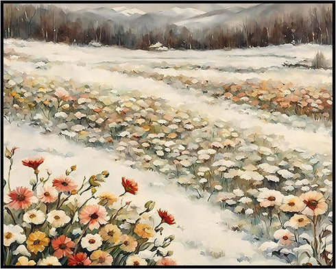 Posterizer 1 pcs-snowy winter flowers scene in oil painting style-8-Landscape & Nature Art-Floral & Botanical Art- Dining Room Decor- unframed wal...