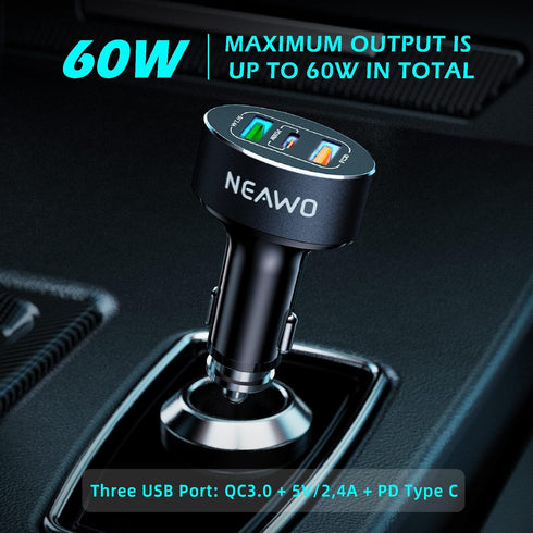 USB C Car Charger, 60W 3 Ports Car Charger USB Adapter Fast Charge PD&QC 3.0 Type C Car Cigarette Lighter Charger Compatible with iPhone13/12Pro M...