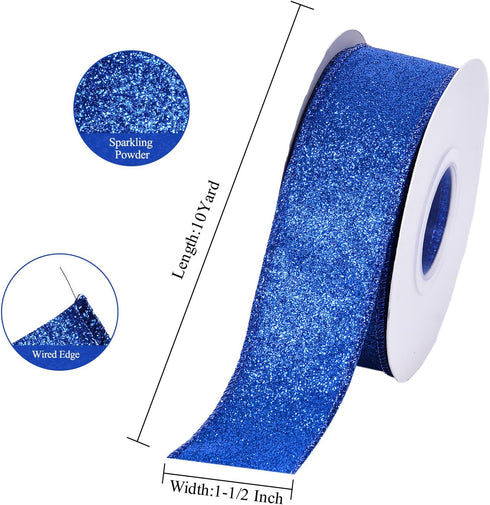 Blue Glitter Wired Ribbon for Christmas Tree Wreath Decoration Home Décor Gift Wrapping Crafts Sewing, 1 1/2 Inch 10 Yard...