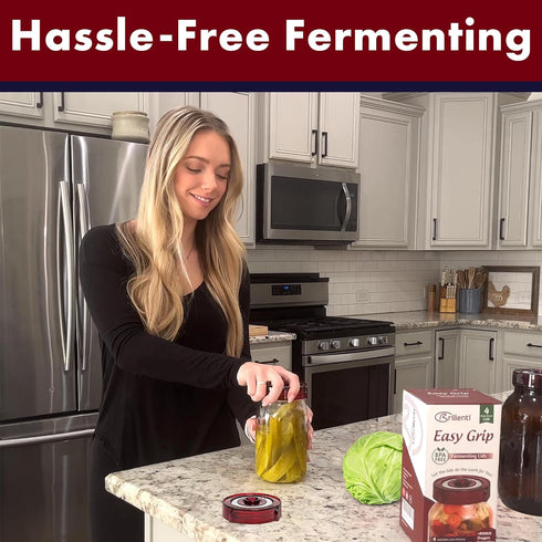 Fermenting Lids for wide mouth mason jars. 4 waterless airlock fermentation lids kit. Easy Grip fermenter lid with Oxygen Pump automatically Vents...