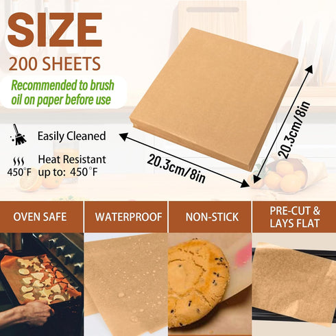 200 Pcs Parchment Paper Baking Sheets, 8"x8" Precut Non-Stick Baking Parchment Paper Sheets Bun Sheet Pan Liners.Baking Grilling Air Fryer Steamin...
