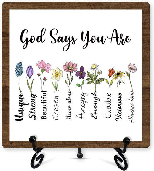 Christian Desk Decor, God Says You Are Wooden Sign With Iron Stand, Bible Verse Sign Gifts For Women Friends Besties, Floral Religious Desk Sign F...