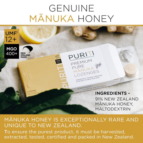 PURITI Premium Manuka Honey Lozenges High Potency - Sugar Free Drops | Genuine New Zealand Raw Manuka Honey Soothers for Coughs & Sore Throats | U...