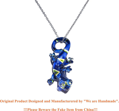 Handmade Large Blue Lizard Art Glass Blown Animal Figurine Pendant Necklace Jewelry...