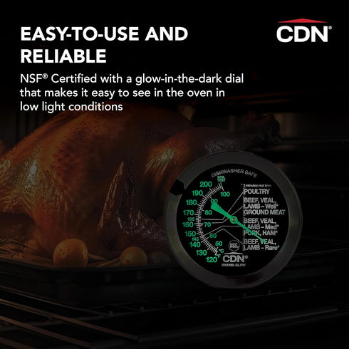 CDN Ovenproof Meat Thermometer – Glow Dial | ProAccurate® | Waterproof | 2" Dial | For Roasting, Poultry, Beef | Recalibratable | Easy-Read | IRM2...