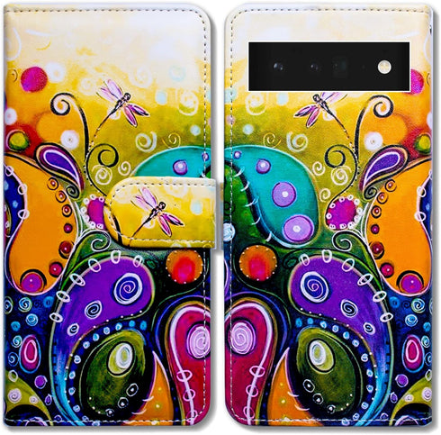 Case for Pixel 6 Pro, Colorful Dragonfly Leather Flip Phone Case Wallet Cover with Card Slot Holder Kickstand for Google Pixel 6 Pro...