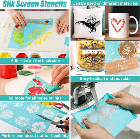 2Pcs Letters Pattern Silkscreen Stencil ,Reusable Self-Adhesive Silk Screen Printing, for Decor/Printing on Wood/Fabric/Wall/Cup/Plate/Glass/Paper...