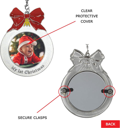 Baby's 1st Christmas Photo Ornament with a 2025 Charm - Shaped Like a Bulb with White Glitter and A Red Bow Design - Gift-Storage Bag Included - 3...