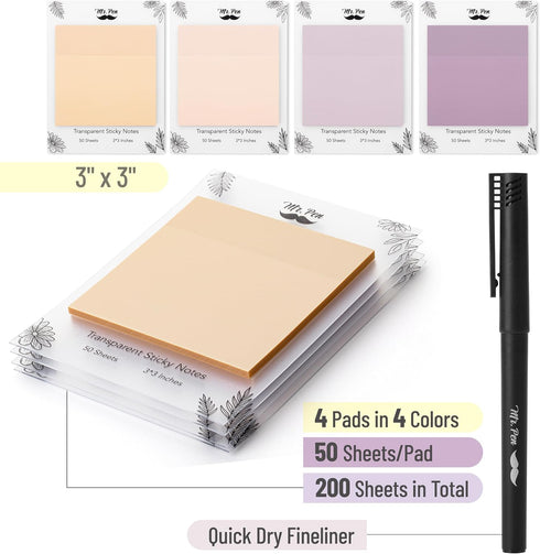 Mr. Pen- Transparent Sticky Notes, 3x3, 200 Sheets, Pastel Colors, See Through Sticky Notes, Sticky Notes Transparent, Translucent Sticky Notes, C...