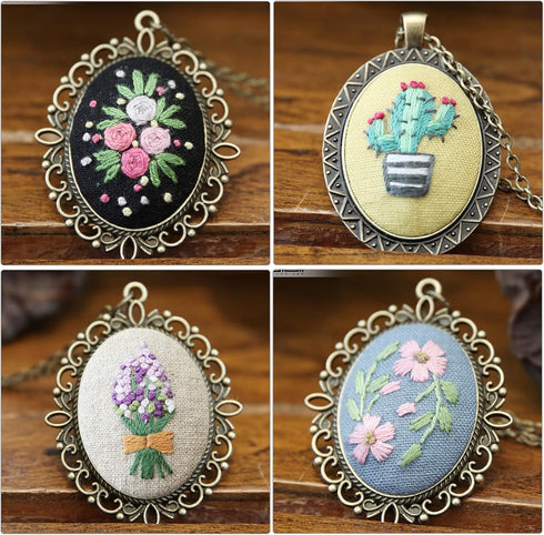 ZOCONE 4 Packs Embroidery Necklace Kit, Embroidery Pendant Kit Mini Cross Stitch Kit with Hoop, Necklace, Pendant, Stamped Pattern Cloth, Instruct...
