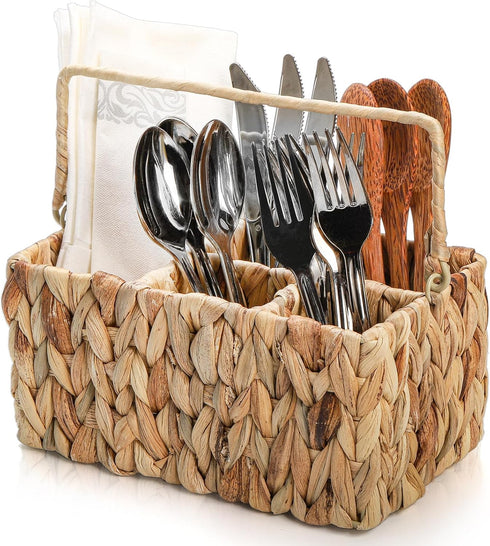 Wicker Flatware Organizer, Woven Divided Utensil Caddy, Water Hyacinth Cutlery Holder, Picnic Silverware Flatware Storage Basket Carrier with Hand...
