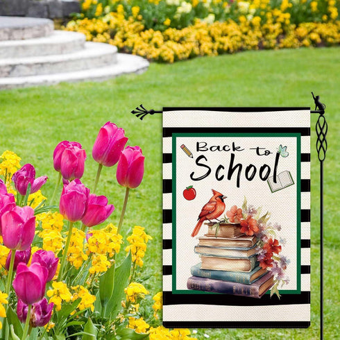 Back to School Garden Flag Cardinal Books Garden Flag First Day of School Vertical Double Sided Rustic Farmland Burlap Yard Lawn Outdoor Decor 12....