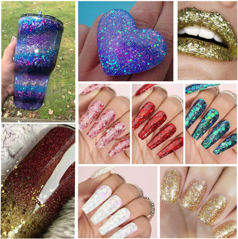 4 Colors of Holographic Chunky Glitter with Quick Dry Glue Pack 5, 4 Pots Total 40g Multi-Shaped for Body Hair Face Eyes Make-up, Nail Art and Bed...