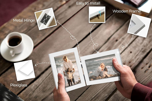 Vertical Horizontal Combo, Double 3.5x5 White Wood Foldable Picture Frame, Opening 3x4.5 Portrait Landscape View, for Desk-top or Wall...