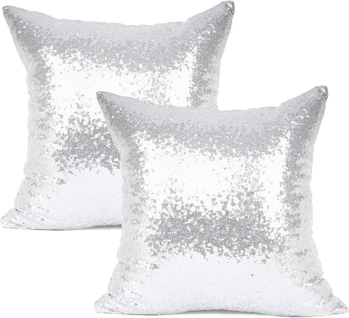 YOUR SMILE Pack of 2, New Luxury Series Silver Decorative Glitzy Sequin & Comfy Satin Solid Throw Pillow Cover Cushion Case for Wedding/Christmas,...