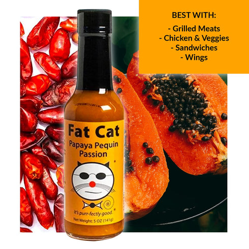 Papaya Pequin Passion Natural Hot Sauce by Fat Cat Gourmet | Savory Caribbean Inspired Fruit Sauce for Seafood, Veggies, Pork, Poultry | Mild Heat...