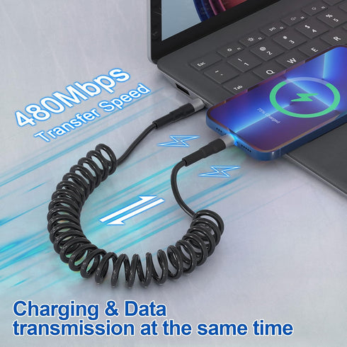 Coiled USB-C to Lightning Cable, Apple Carplay Compatible & MFi Certified, Car USB C Lightning Cable with Data Transmission and LED, iPhone Retrac...