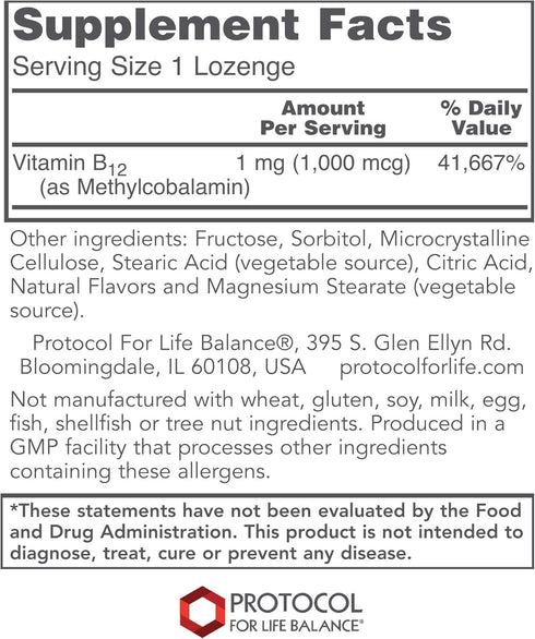 Protocol Methyl B12 1,000mcg - Vitamin B12 for Homocysteine Metabolism* - Supports Brain Health & Healthy Nervous System* - Kosher, Halal & Vegan ...