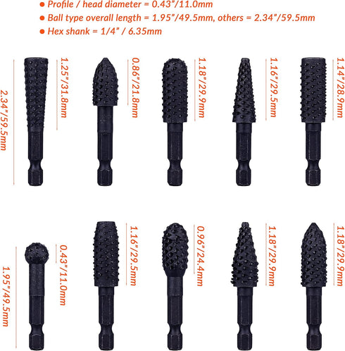 10-Piece Rotary Burr Wood Carving Rasp Files Set, with 1/4" Hex Shank for Wood & Rubber Deburring, Shaping and Grooving...
