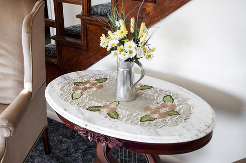 Embroidered Gold Daisy Fleur Latte Table Runner, Dresser Scarf, Coffee Table Runner, Doily (12.5Wx26L)...