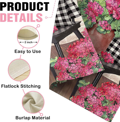Welcome Spring Geranium Pink Flower Decorative Garden Flag, Black White Buffalo Plaid Floral Pot Chair Yard Outside Home Decorations, Summer Farmh...