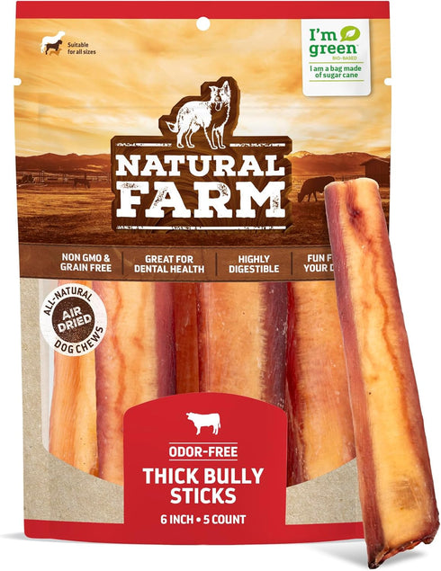 Natural Farm Odor-Free Thick Bully Sticks (6”, 5-pack) ALL-NATURAL Long-Lasting Dog Chews, 100% Beef Pizzle, Grass-Fed, Grain-Free, Protein for Mu...