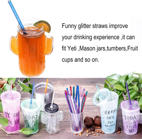 Dakoufish BPA-Free 12 Piece 11 Inch Reusable Clear Plastic Glitter Sparkle Drinking Straw Plus one Cleaning Brush (Pink,11inch)...