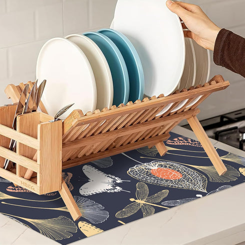 Ginkgo Leaves Dish Drying Rack Mat for Kitchen Counter,Dragonfly Butterfly Dish Drying Pad Absorbent Reversible Microfiber Protector for Coffee Ba...