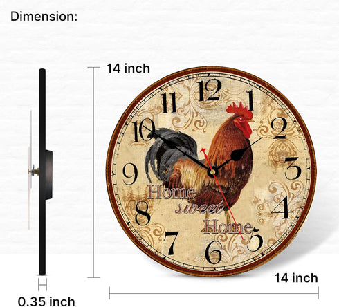 TAHEAT 14 Inch Rustic Rooster Wall Clock Retro Silent Non Ticking Easy to Read Clock, Battery Operated Decorative Wall Clocks for Kitchen/Living R...