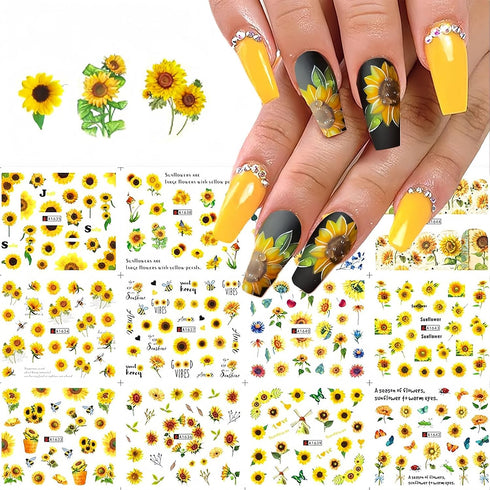 Flower Nail Art Stickers Decals Spring Summer Floral Nail Art Supplies Water Transfer Sunflower Bee Butterfly Design Yellow Flowers Nail Accessori...