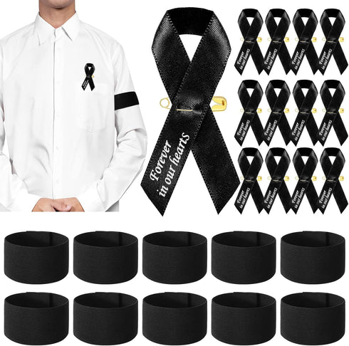50 Pcs Mourning Ribbon Pins Black Funeral Memorial Ribbon Pins and 25 Pcs Funeral Mourning Arm Bands Forever in Our Heart Classic Elastic Armband ...