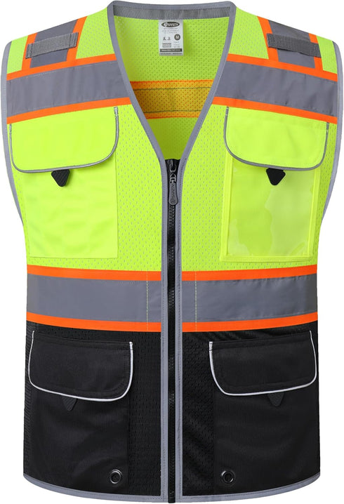 JKSafety Hi-Vis Safety Vest for Men&Women High Visibility Reflective Mesh Construction Work Vest Multi-Pockets PPE ANSI/ISEA compliant (189-Yellow...
