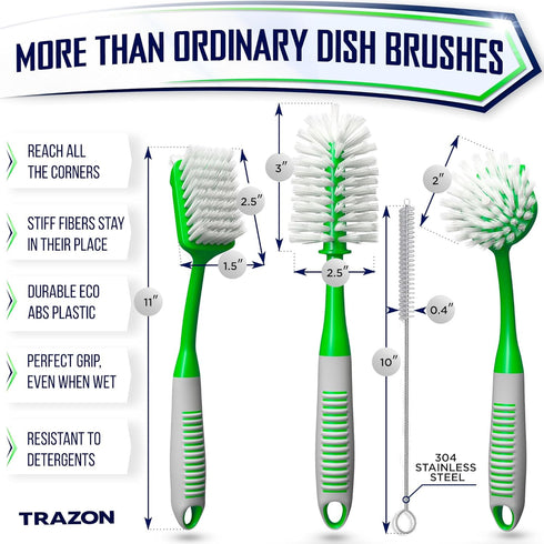 Dish Brush Set of 4 with Bottle Water Brush, Scrub Brush and Scrubber Brush - Kitchen Scrub Brushes Ergonomic Non Slip Long Handle for Cleaning Cl...