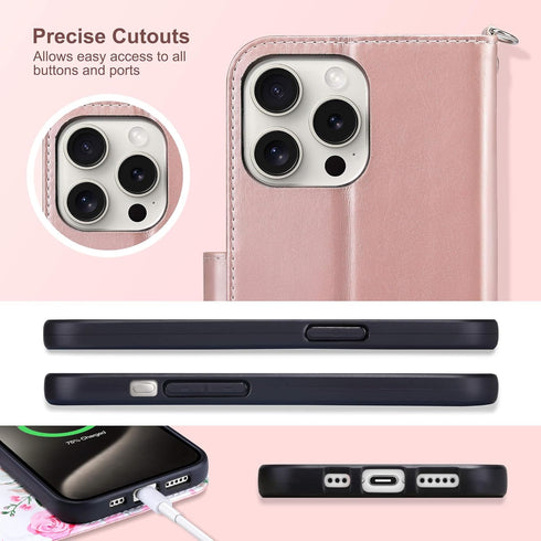 ULAK Compatible with iPhone 15 Pro Wallet Case with Card Holder, Flower Flip Case Wallet for Women Girls PU Leather Kickstand Wrist Strap Shockpro...