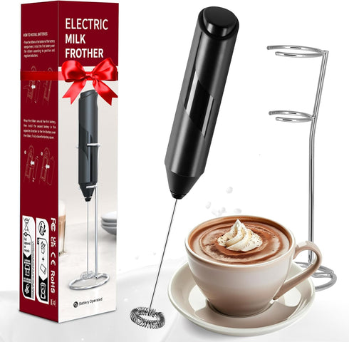 Simple Deluxe Milk Frother Handheld, Foam Maker with Stainless Steel Stand, Battery-Operated Whisk for Coffee, Latte, Hot Chocolate, Black...