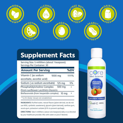 Core Med Science Liposomal Vitamin C 1000mg Liquid - Sunflower Formula, 5 Fl Oz - Natural Liposomal Vitamin C Non-GMO Supplement - Immune System B...