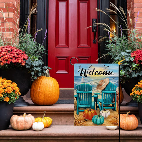 Welcome Fall Sea Pumpkin Garden Flag Double Sided, Autumn Beach Ocean Chairs Coastal Decorative Yard Outdoor Home Small Decor, Seagull Sailboat Na...