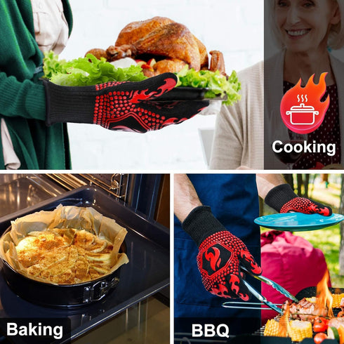 Oven Gloves Grill Gloves, 1472? Heat Proof Non-Slip Grill Oven Gloves with Fingers, Men & Women BBQ Accessories for Cooking, Barbecuing, Baking, K...