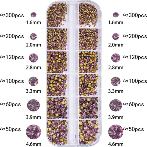 1 Box 12Grids Nail Art Sharp Bottomed Rhinestones 1660Pcs Nail Gems Light Purple Charms Gem Stones, with Storage Organizer Box/Size(1.6mm-4.6mm) f...