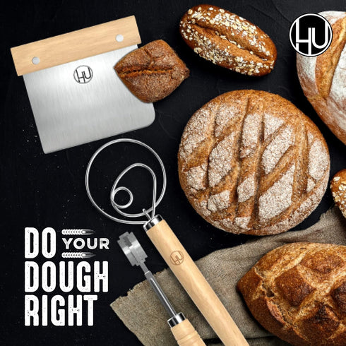 LHU Bread Making Tools and Supplies - Set of 3 - Danish Dough Whisk, Bread Lame, Bench Scraper - Dough Hook with Bread Scraper, Lame Bread Tool, B...