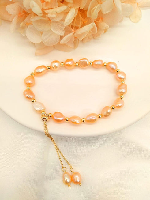 Pearl Bracelets for Women, Irregular Shape Pink Baroque Freshwater Pearls Gold Adjustable Slider Bracelet for Bride Bridesmaid Gift...