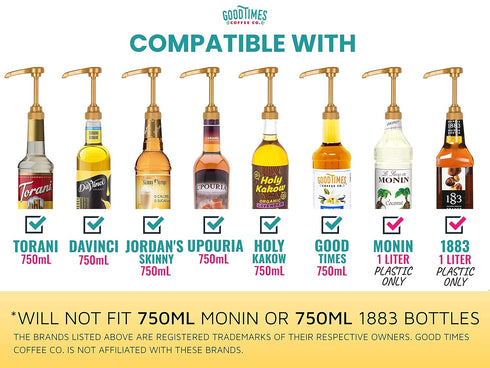 Gold Coffee Syrup Pump for 750 ml Bottles (Pack of 6) Fits Upouria, Torani, DaVinci, Jordans Skinny Syrups, and (Monin 1 Liter Plastic Bottles Onl...